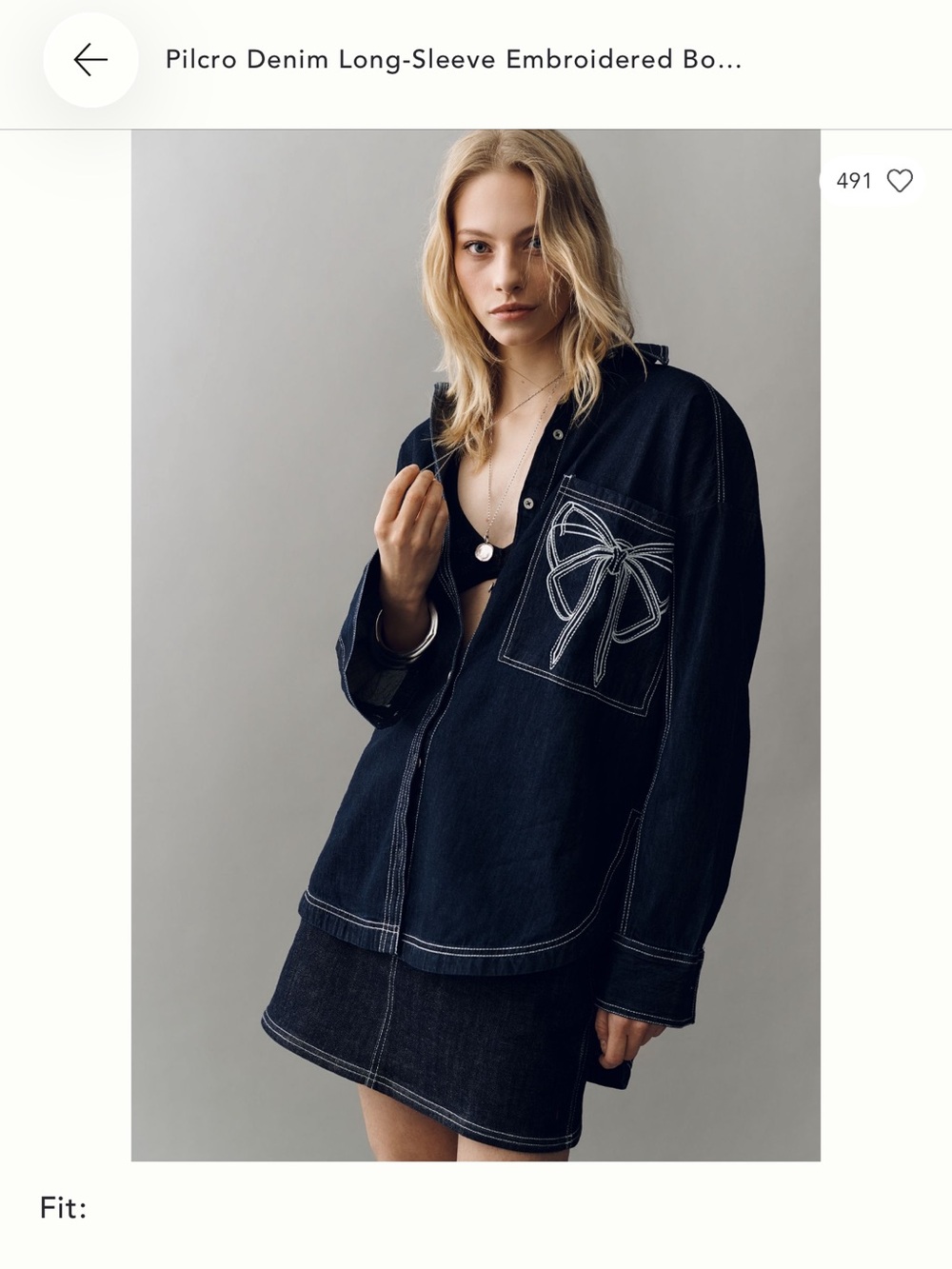 Anthropologie Pilcro Denim Button-Up Shirt with Pocket Bow Detail - Dark Blue